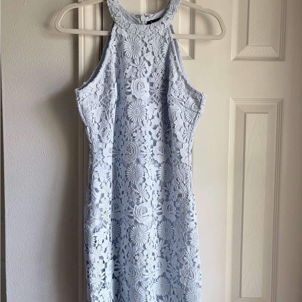 Lulu's Light Blue Floral Lace Halter Midi Dress